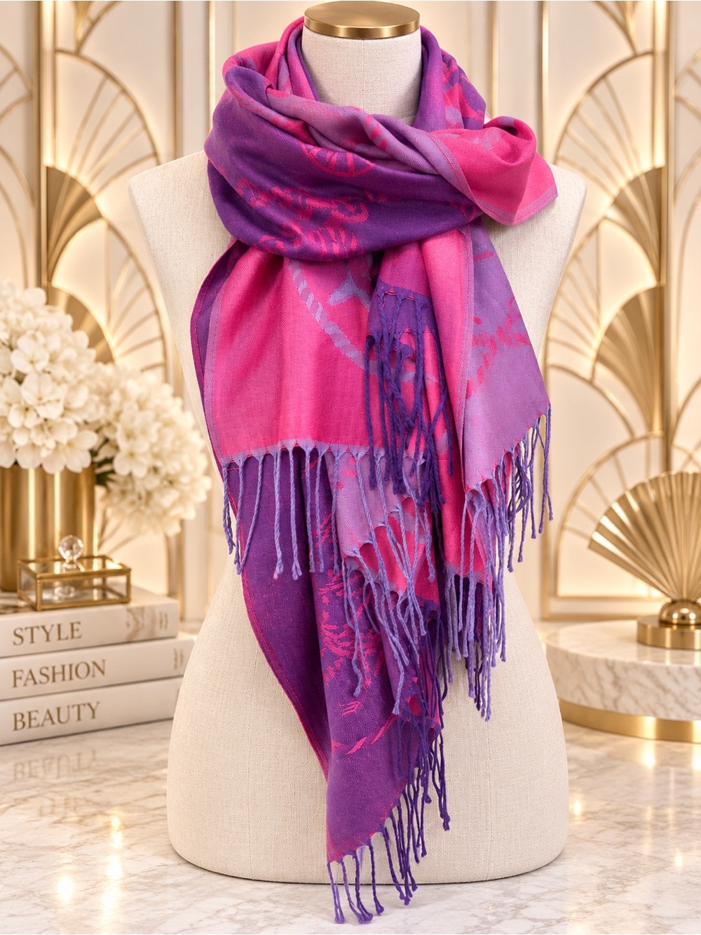 🆕Women's Pink & Purple Fringe Pashmina Scarf Wrap - Elegant Layering Accessory